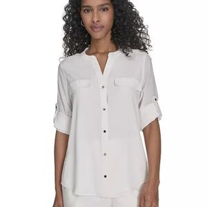 NWOT Calvin Klein White Roll-Tab Button Down Blouse